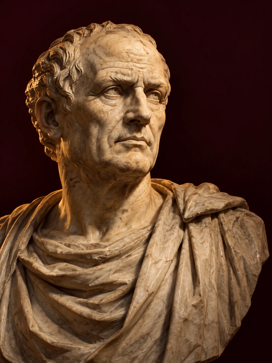 Interpretação artística de Sêneca gerada por IA: busto de mármore com expressão firme e iluminação dramática